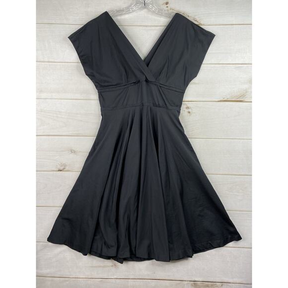Retrospec'd Dress Sz 10 Black Deep V Stretch Fit & Flare Retro Pinup Vintage - Picture 1 of 9